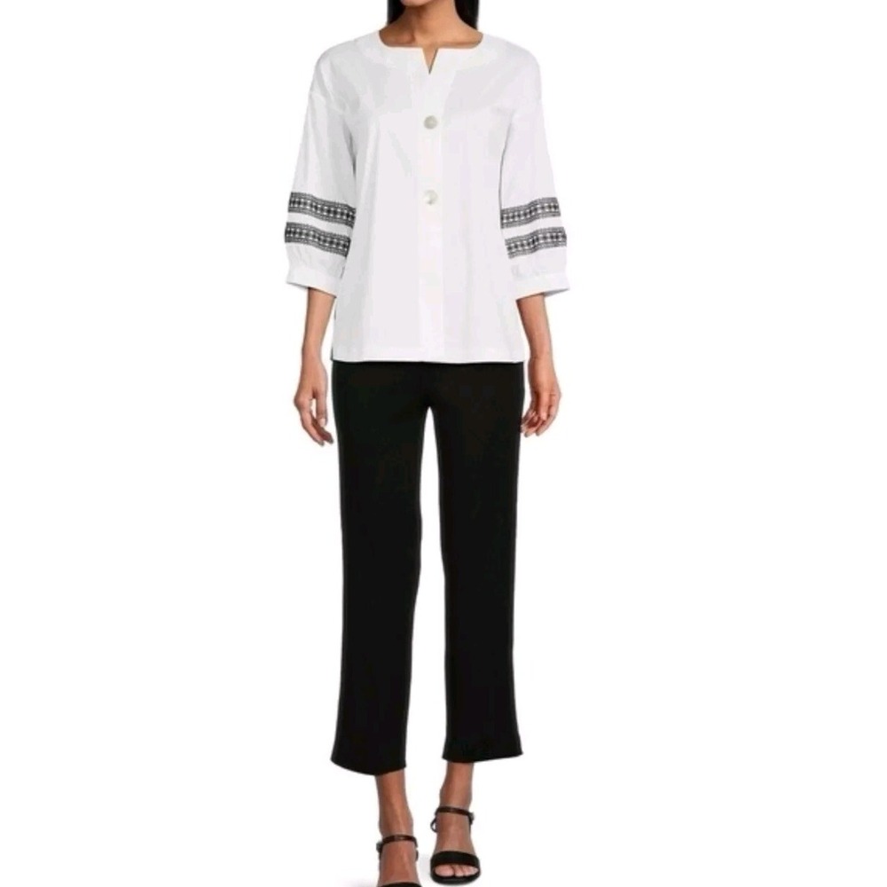 Ming Wang Lacework Trim Puff Sleeve Poplin Button-up Shirt Size Large